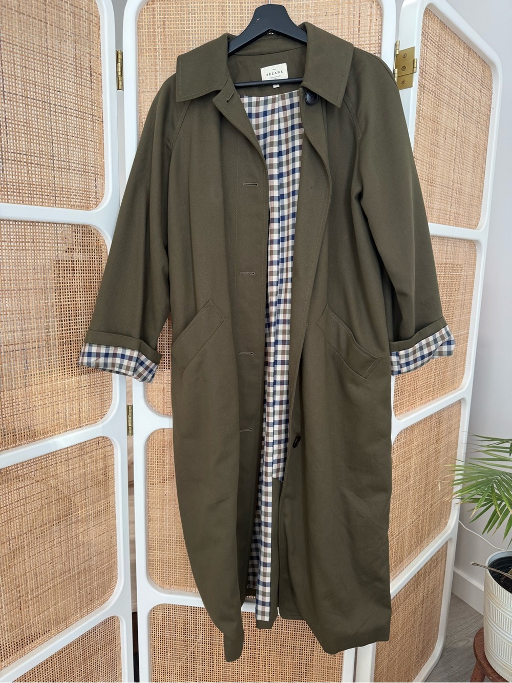 Sezane Olive Trench Coat with Gingham Lining
